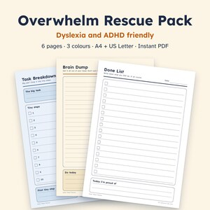 ADHS-Überforderungs-Arbeitsblatt zum Ausdrucken, Aufgabenstrukturierungs-Arbeitsblatt, Brainstorming-Blatt, Erledigt-Liste, Dyslexie-freundliche Planerseiten, undatiertes PDF A4 Letter