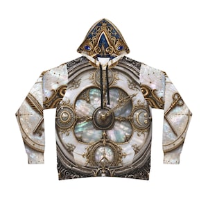 Pull à capuche dragon blanc, écusson mécanique en or nacré, jauge d'éther sur la manche céleste ornée