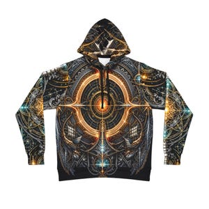 Bluza z kapturem Black Gold Gothic Compass, Blue Orb Mechanical Crest Streetwear, Circle Medallion Resonance Arc