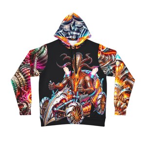Schwarzer Pullover-Hoodie, orange-türkis, mit mechanischem Reiter-Motiv, Gothic-Streetwear, Infernal Crucible