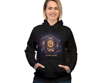 Black Celestial Spiral Graphic Hoodie Purple Gold Galaxy Emblem Pullover Ecliptic Empire