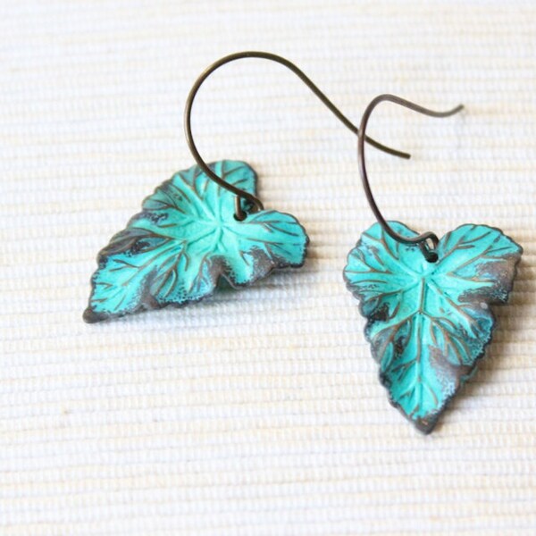 Leaf Earrings, Turquoise Dangle Green Nature Earth art nouveau teal Heart shape, tree, patina, brass, botany jewelry, gift for nature lover,