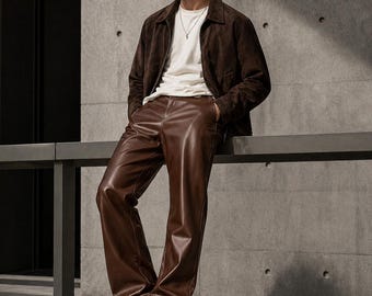 Men's Brown Leather Wide Leg Pants | High Waist Retro Streetwear Trousers
