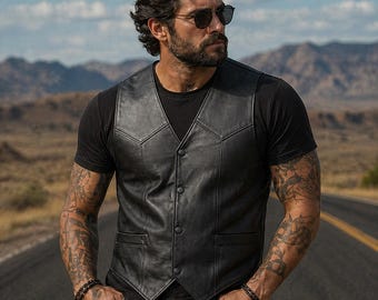 Men's Genuine Leather Biker Vest | Classic Snap Button Riding Waistcoat