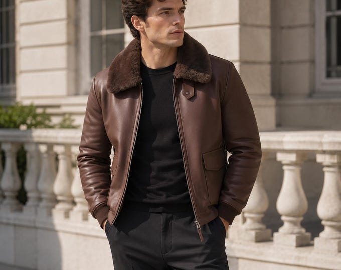 Featured listing image: Men's Brown Leather Bomber Jacket, Genuine Leather, Fur Collar, Aviator Style Coat