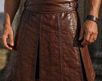 Men's Brown Leather Gladiator Kilt | Viking Highland Gothic Festival Warrior Skirt