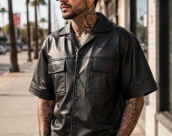 Men's Black Genuine Leather Short Sleeve Shirt, Handmade Camp Collar Streetwear Overshirt