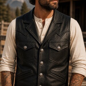 Zwart leren vest heren, leren westerncowboyvest, motorvest motorrijder, vintage leren vest met knopen, mouwloos ranchstijl