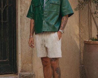 Herr smaragdgrön skjortjacka i konstläder, överdimensionerad | Kortärmad cargotopp i streetwear