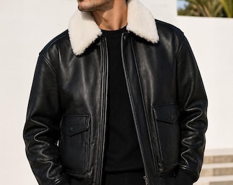 Men's Black Leather Bomber Jacket with Shearling Collar – Aviator Style Warm Coat