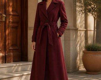 Burgundy Suede Leather Trench Coat | Belted Maxi Overcoat, Handmade Elegance