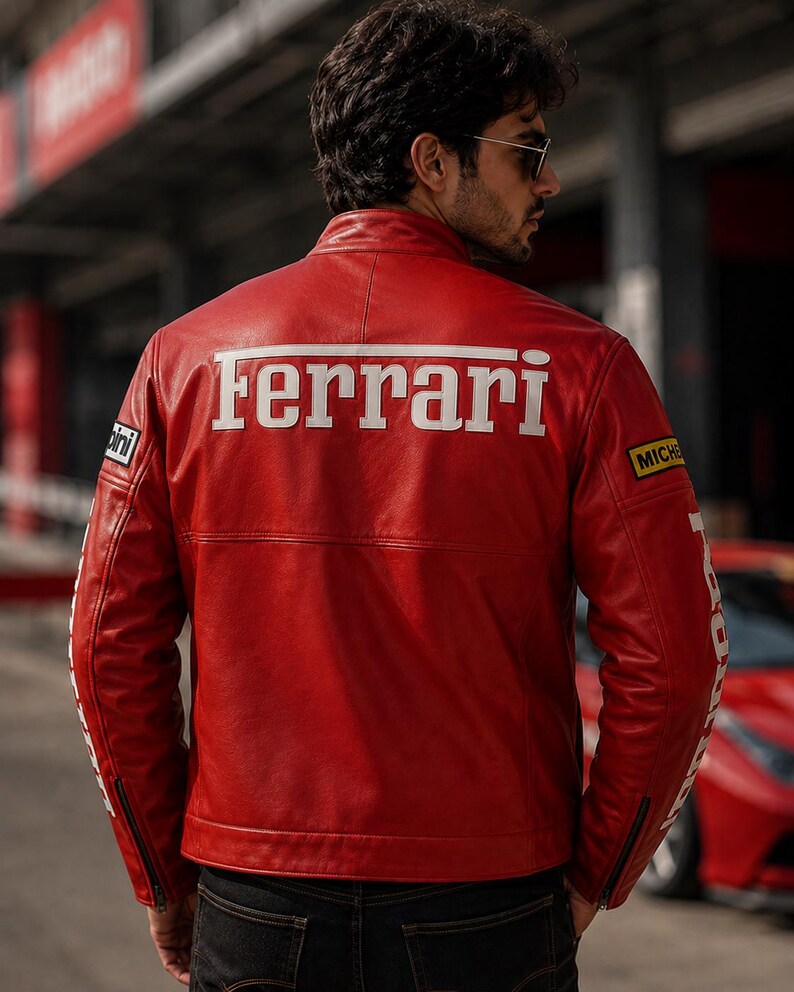 Homme Red Racing Jacket Men's Red Ferrari Racing Leather Jacket, Motorsport Cafe Racer Biker ...