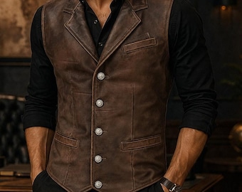 Men's Distressed Brown Leather Vest | Vintage Biker Western Waistcoat