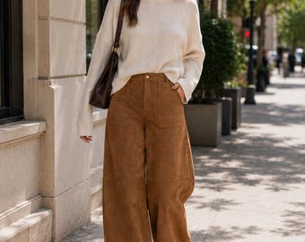 Women's Brown Suede Wide Leg Palazzo Pants | High Waist Trousers