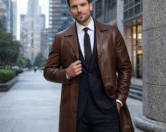 Men's Brown Leather Trench Coat | Vintage Style Full Length Overcoat