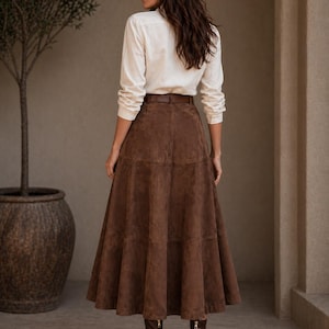 Women’s Brown Suede Leather Maxi Skirt | Handmade A-Line Flare Skirt | Vintage High Waist Leather Skirt | Boho Western Midi Skirt | Genuine Suede Fashion