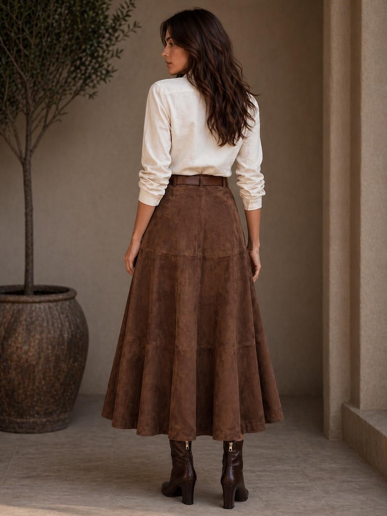 Women’s Brown Suede Leather Maxi Skirt | Handmade A-Line Flare Skirt | Vintage High Waist Leather Skirt | Boho Western Midi Skirt | Genuine Suede Fashion