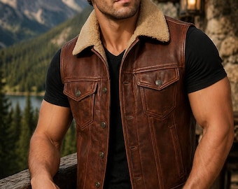Men's Brown Distressed Leather Vest | Shearling Collar Biker Waistcoat
