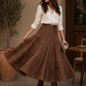 Women’s Brown Suede Leather Maxi Skirt | Handmade A-Line Flare Skirt | Vintage High Waist Leather Skirt | Boho Western Midi Skirt | Genuine Suede Fashion