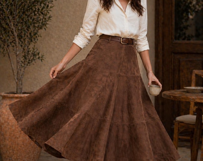 Featured listing image: Brown Suede Leather Maxi Skirt | Handmade A-Line Flare Boho Western Style