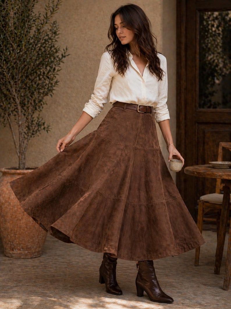 Women’s Brown Suede Leather Maxi Skirt | Handmade A-Line Flare Skirt | Vintage High Waist Leather Skirt | Boho Western Midi Skirt | Genuine Suede Fashion