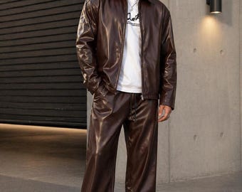 Men's Brown Faux Leather Tracksuit Set – Oversized Jacket, Wide Leg Pants – Streetwear Outfit