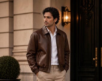 Men's Brown Leather Bomber Jacket – Classic Zip Casual Outerwear Coat