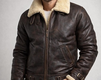 Mens Shearling Collar Leather Aviator Jacket – Vintage B3 Bomber