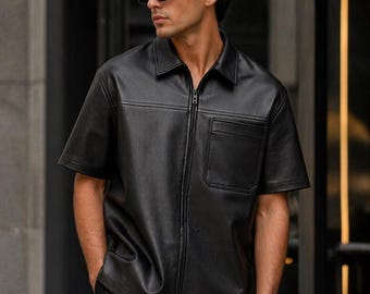 Men's Black Short Sleeve Leather Shirt – Zip Up Minimalist Streetwear Top
