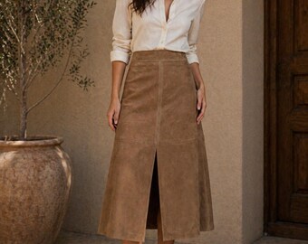 Gonna midi in pelle scamosciata marrone / modello a trapezio a vita alta con spacco frontale, stile boho western
