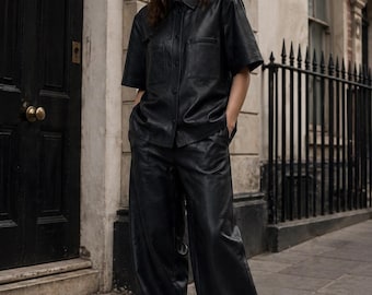 Black Leather Oversized Shirt & Baggy Pants Set | Street Style Two Piece Outfit