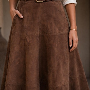 Women’s Brown Suede Leather Maxi Skirt | Handmade A-Line Flare Skirt | Vintage High Waist Leather Skirt | Boho Western Midi Skirt | Genuine Suede Fashion
