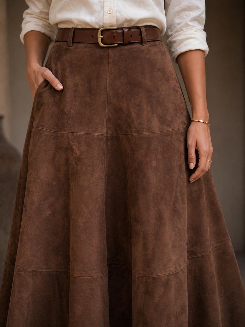 Women’s Brown Suede Leather Maxi Skirt | Handmade A-Line Flare Skirt | Vintage High Waist Leather Skirt | Boho Western Midi Skirt | Genuine Suede Fashion