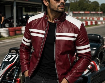 Herrvinröd racingjacka i läder, vita ränder, Cafe Racer-modell i bikerstil