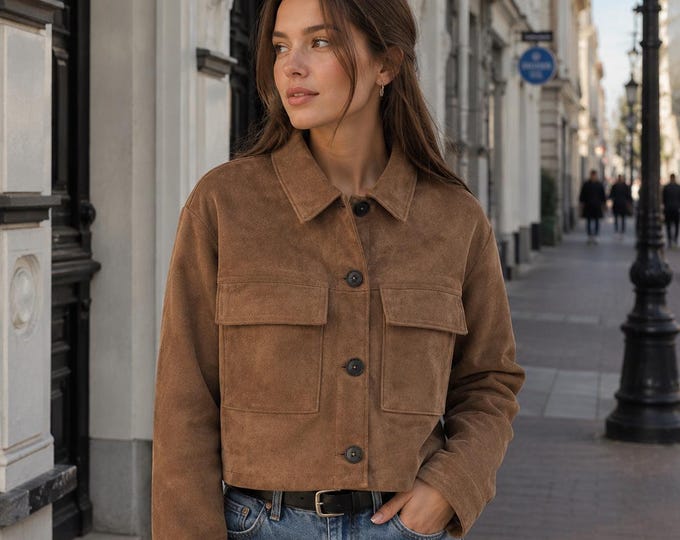 Featured listing image: Women's Brown Suede Cropped Jacket | Vintage Western Shirt Style Coat