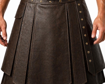 Men's Brown Leather Utility Kilt, Gothic Warrior Style, Side Pocket, Handmade Scottish Skirt