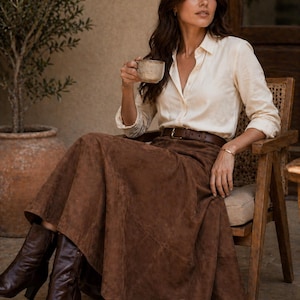 Women’s Brown Suede Leather Maxi Skirt | Handmade A-Line Flare Skirt | Vintage High Waist Leather Skirt | Boho Western Midi Skirt | Genuine Suede Fashion