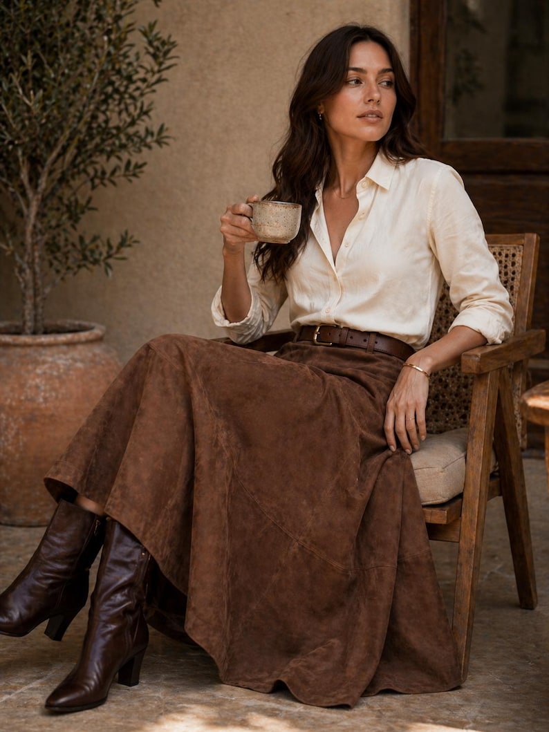 Women’s Brown Suede Leather Maxi Skirt | Handmade A-Line Flare Skirt | Vintage High Waist Leather Skirt | Boho Western Midi Skirt | Genuine Suede Fashion