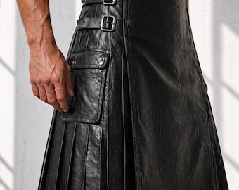 Falda escocesa utilitaria de cuero negro para hombre – Falda escocesa gótica para festivales de motociclistas hecha a mano con bolsillos