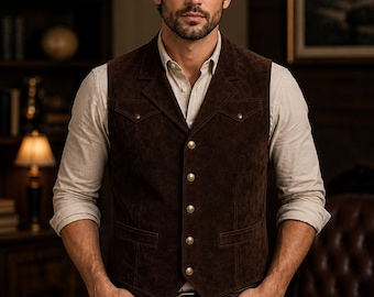 Men's Brown Suede Western Leather Vest | Handmade Cowboy Button Waistcoat Ranch Style