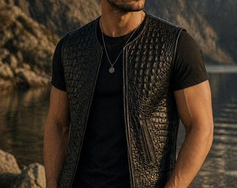 Men's Black Crocodile Embossed Leather Biker Vest | Luxury Sleeveless Waistcoat