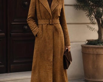 Brown Suede Leather Trench Coat | Handmade Full Length Belted Overcoat