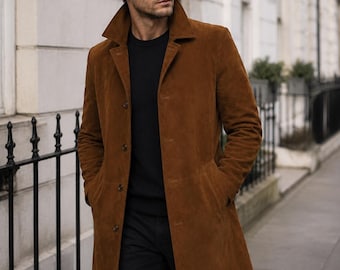 Lång herrkappa i brunt mockaläder – Handgjord jacka i vintage-stil med trenchcoat
