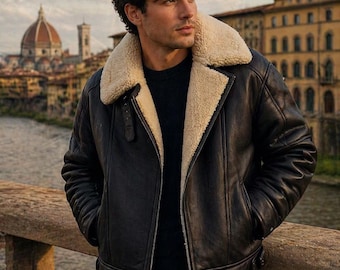 Men's Black Genuine Leather Shearling Aviator B3 Bomber Jacket – Vintage Pilot Style Coat