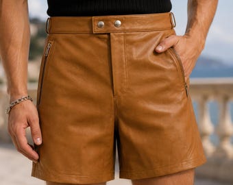 Herrbermudashorts i brunt äkta läder med hög midja | Handgjorda sommarkläder i bikerstil