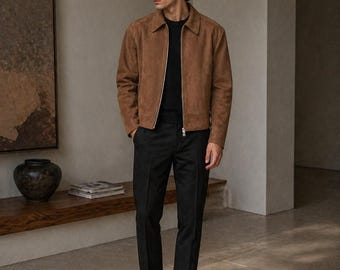 Herren Braune Wildlederjacke | Vintage echte Reißverschluss Mantel
