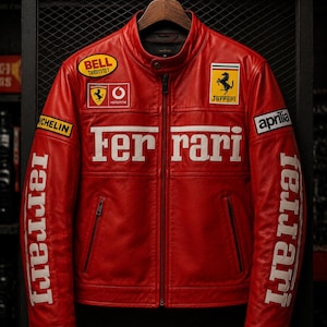 Könnte beinhalten: Rote Lederjacke mit weißem "Ferrari"-Schriftzug auf Brust und Ärmeln. Die Jacke hat mehrere Aufnäher, darunter "Bell", "Michelin" und "Aprilia", sowie ein Ferrari-Logo.