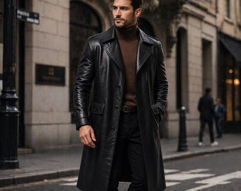 Men's Black Leather Trench Coat | Vintage Style Full Length Overcoat