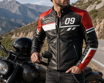 Herr svart röd racing lädermotorcykeljacka, Cafe Racer biker-stil, specialdesignat nummer 09