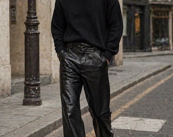 Men's Black Wide Leg Leather Trousers – High Waist Streetwear Pants